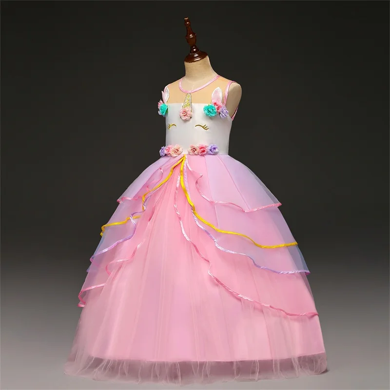 6 Layers Birthday Party Girls Unicorn Dress Floor Length Backless Ceremonial Dresses Kids Floral Sleeveless Long Evening | Детская