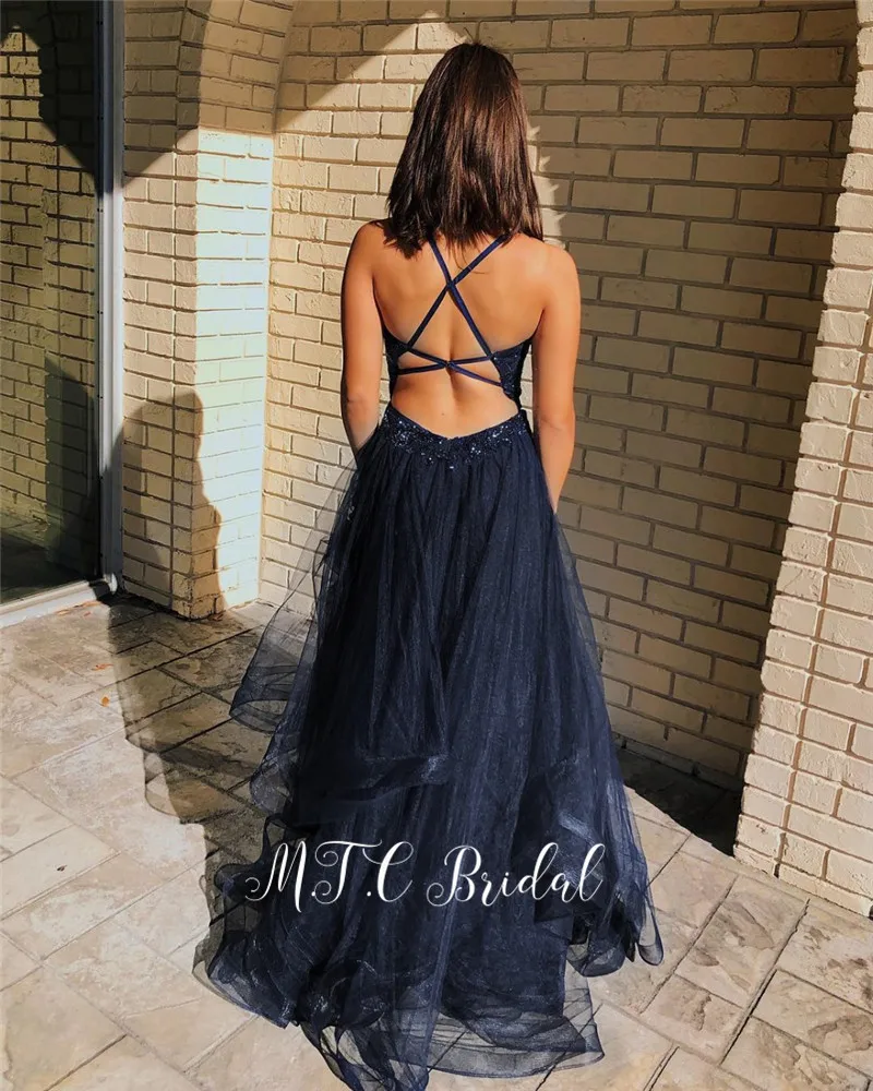 

Sexy Black Tulle Long Evening Dress 2019 V Neck Spaghetti Strap A Line Floor Length Lace Top Formal Dresses Custom Made Cheap