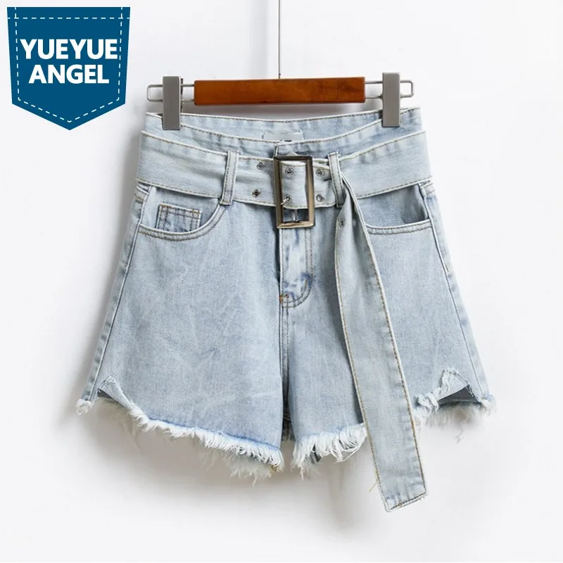 

Summer Women High Waist Korean Wide Leg Denim Shorts With Belt Ripped Solid High Quality Casual Ladies Street Loose Jeans Shorts