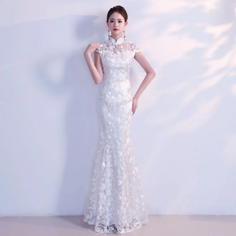 White Cheongsam Long Qipao Dresses Chinese Traditional Wedding Dress China Clothing Store Vestido Oriental Size XS S M L XL XXL