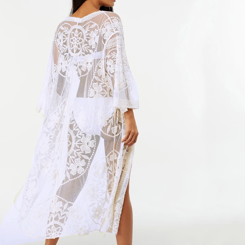 Пляжная накидка с вышивкой и сеткой, Vestidos Praia Sarong, парео, Плайя, белое бикини, накидка, пляжная одежда, купальник для женщин, накидка