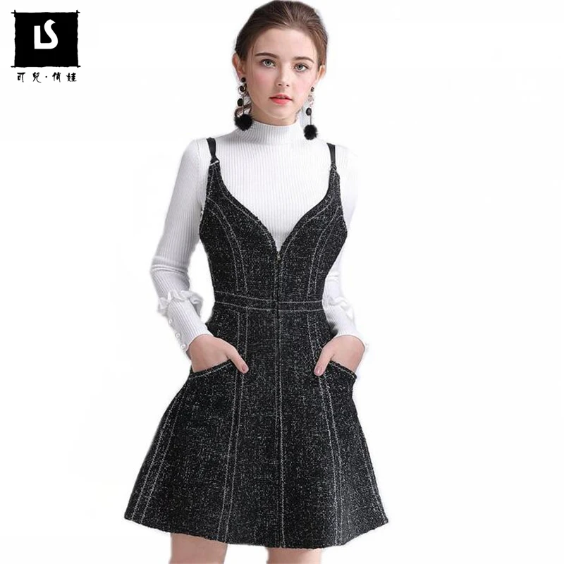 

Autumn Winter Embroidery Slim Dress Womens Woolen Wild Sexy Suspenders Women Dresses Casual Party Pocket Mini Dress Vestidos