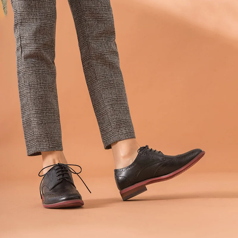 BeauToday/обувь с перфорацией типа «броги»; женские оксфорды с перфорированным носком из натуральной овечьей кожи; черные женские туфли на плоской подошве с перекрестной шнуровкой и круглым носком; большие размеры; 2102410