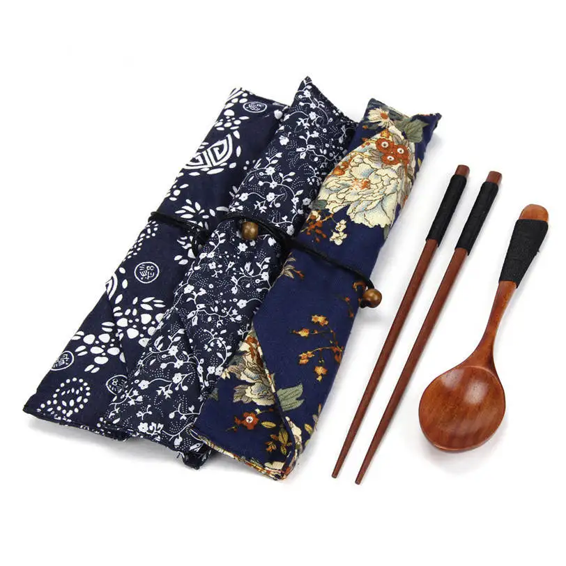 Портативный деревянный набор посуды в винтажном стиле + синяя сумка Jun21