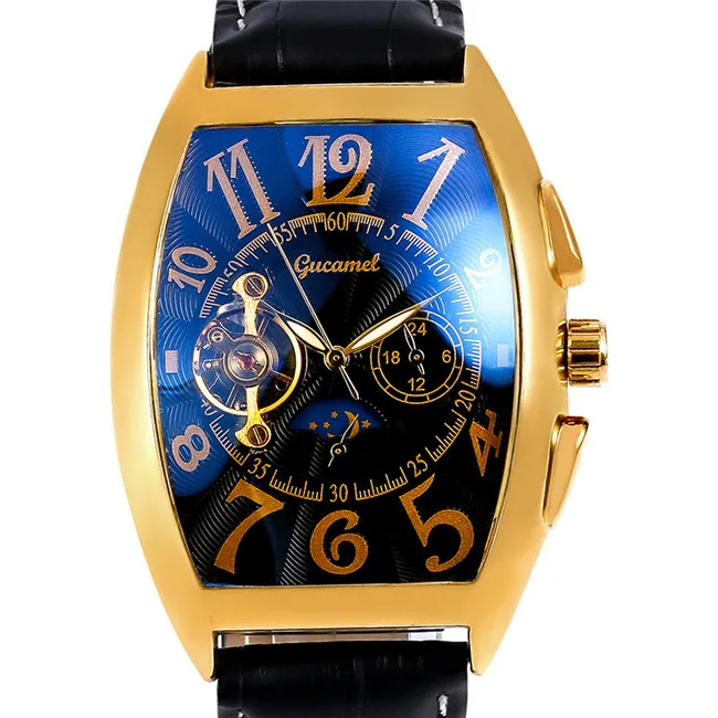 GUCAMEL Tourbillon Платье Мужские часы в деловом стиле Роскошные Tonneau деловые часы для мужчин водостойкий кожаный мужской reloj hombre - Цвет: 3