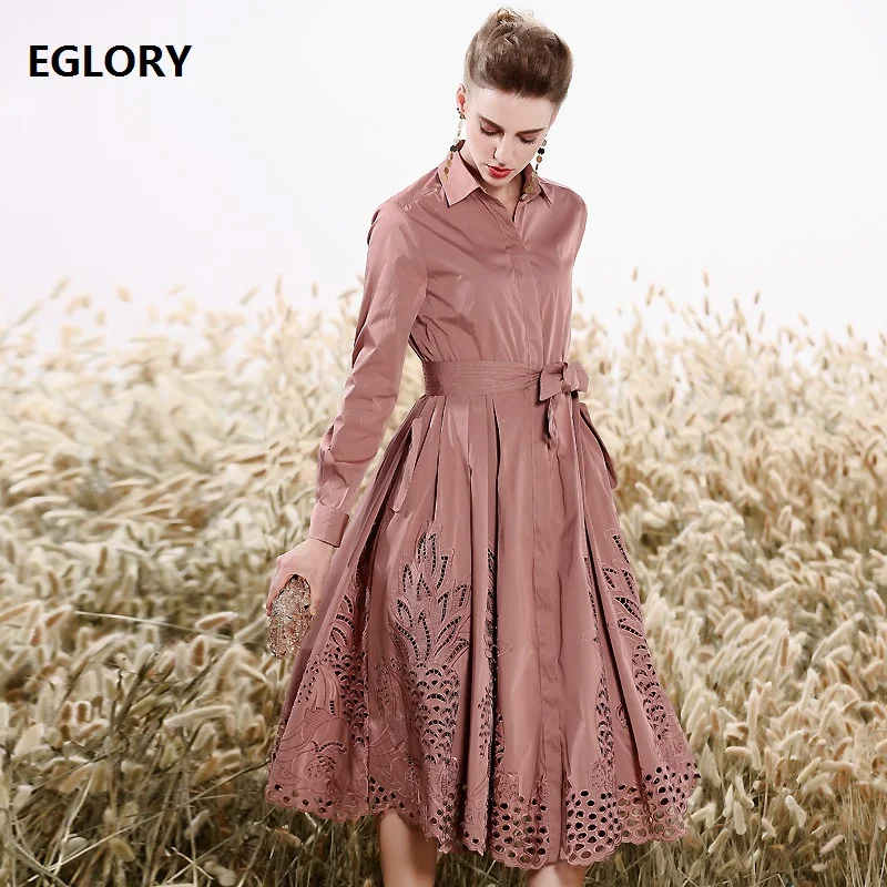 

New 2020 Spring Autumn Fashion Long Coat Trench Women Turn-down Collar Hollow Out Embroidery Adjustable Belt Coat Overcoats