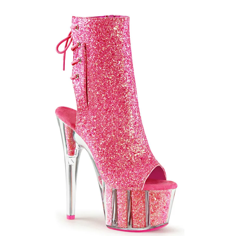 Pink 15cm Heel Женские ботильоны; блестящая обувь для стриптиза на платформе и высоком каблуке 15 см; ботинки на шнуровке на прозрачном каблуке и молнии; женская обувь; большой размер 43 - Цвет: Pink 15cm Heel