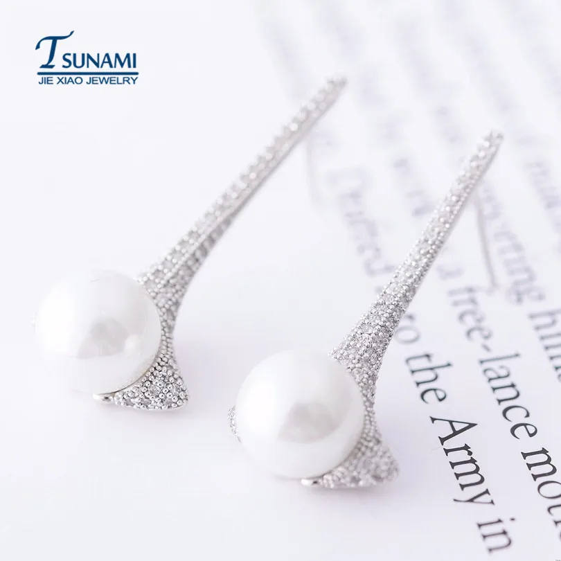 Роскошные серьги с микрозакрепкой из фианита и жемчуга модные украшения невеста