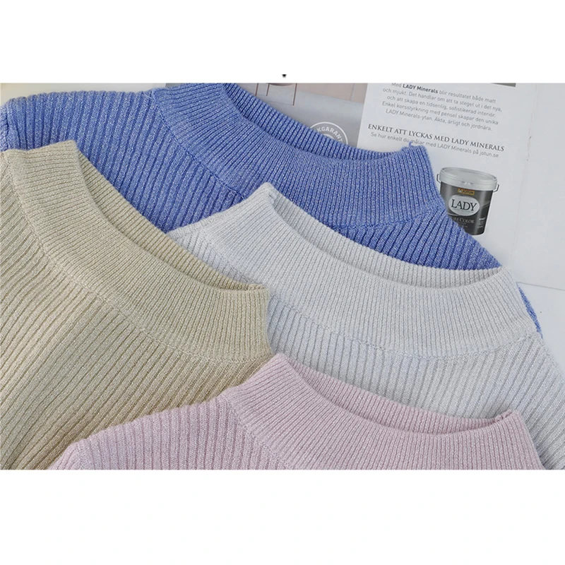 shintimes Long Sleeve Sweater Women Shiny Autumn Winter Pullover Korean Style Knitted Turtleneck Woman Basic Sweaters 2019 Femme | Женская