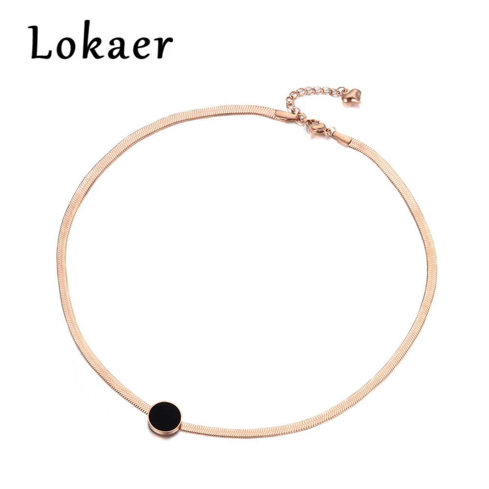 Lokaer Новое поступление образец ювелирных изделий из нержавеющей стали Цепочка Змея тонкое ожерелье розовое золото цвет с черным Bbsidian диск N18066 - Окраска металла: Rose Gold