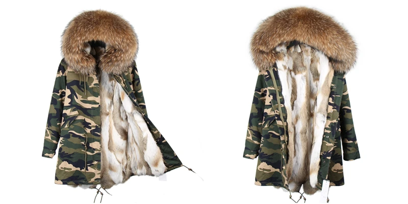 OFTBUY камуфляжная Длинная зимняя куртка женская парка воротник из натурального меха енота с капюшоном шуба из натурального кролика Толстая теплая парка