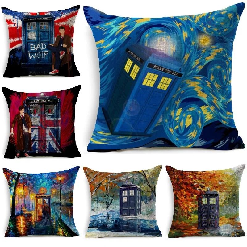 Чехол на подушку льняная наволочка для дивана Doctor Who Tardis декоративная украшения