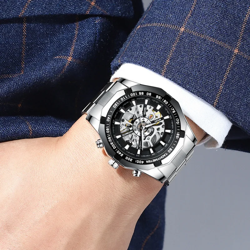 Мужские автоматические механические часы Heren Horloge черный серебристый чехол с