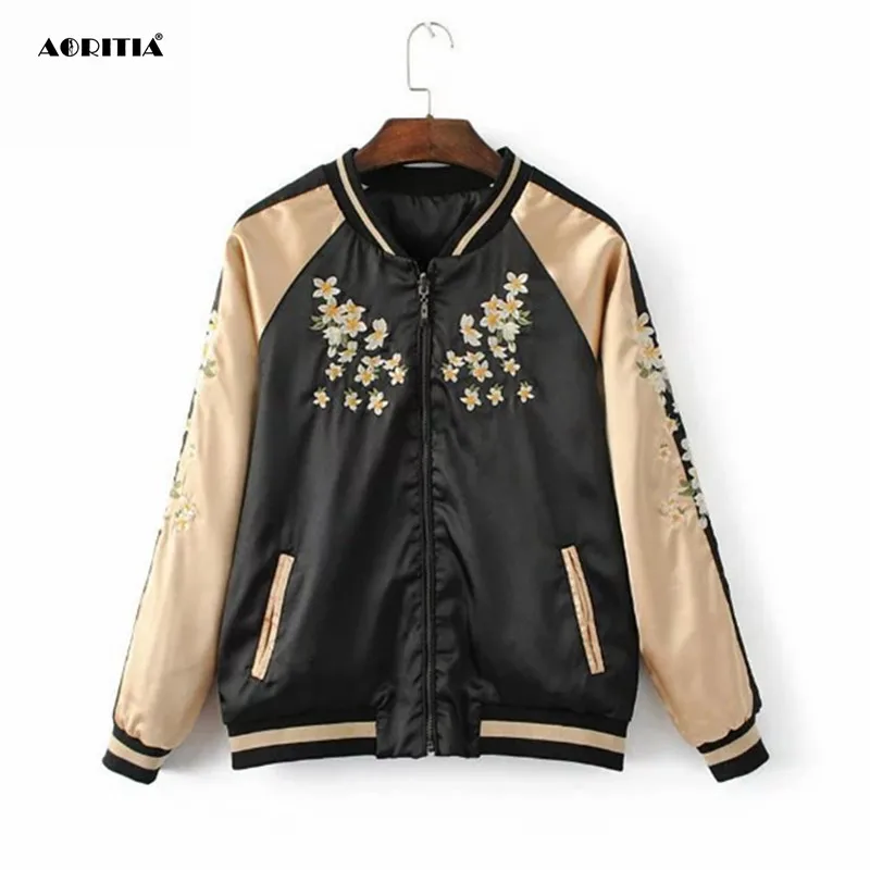 Женская шелковая атласная куртка с вышивкой по бокам бейсбольные куртки Chaqueta Mujer