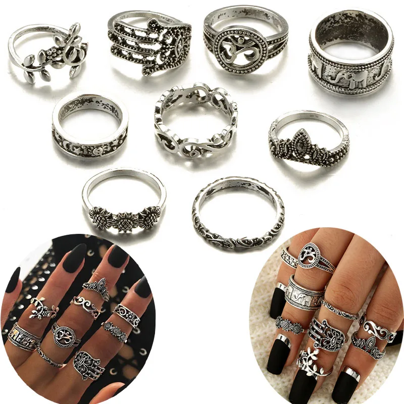 9Pcs/set Boho Knuckle Rings for Women Bohemian Retro Hollow Carved Elephant Palm Crown Punk Midi Finger silver Ring Set anillos | Украшения