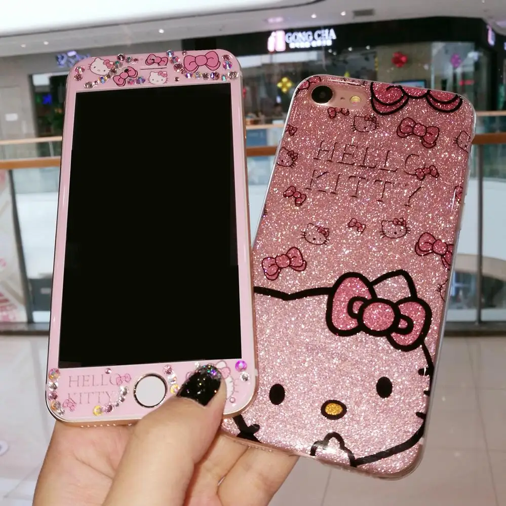 Для iPhone XS max XR X Роскошный чехол Kitty + пленка из закаленного стекла bling hello kitty для 8 plus