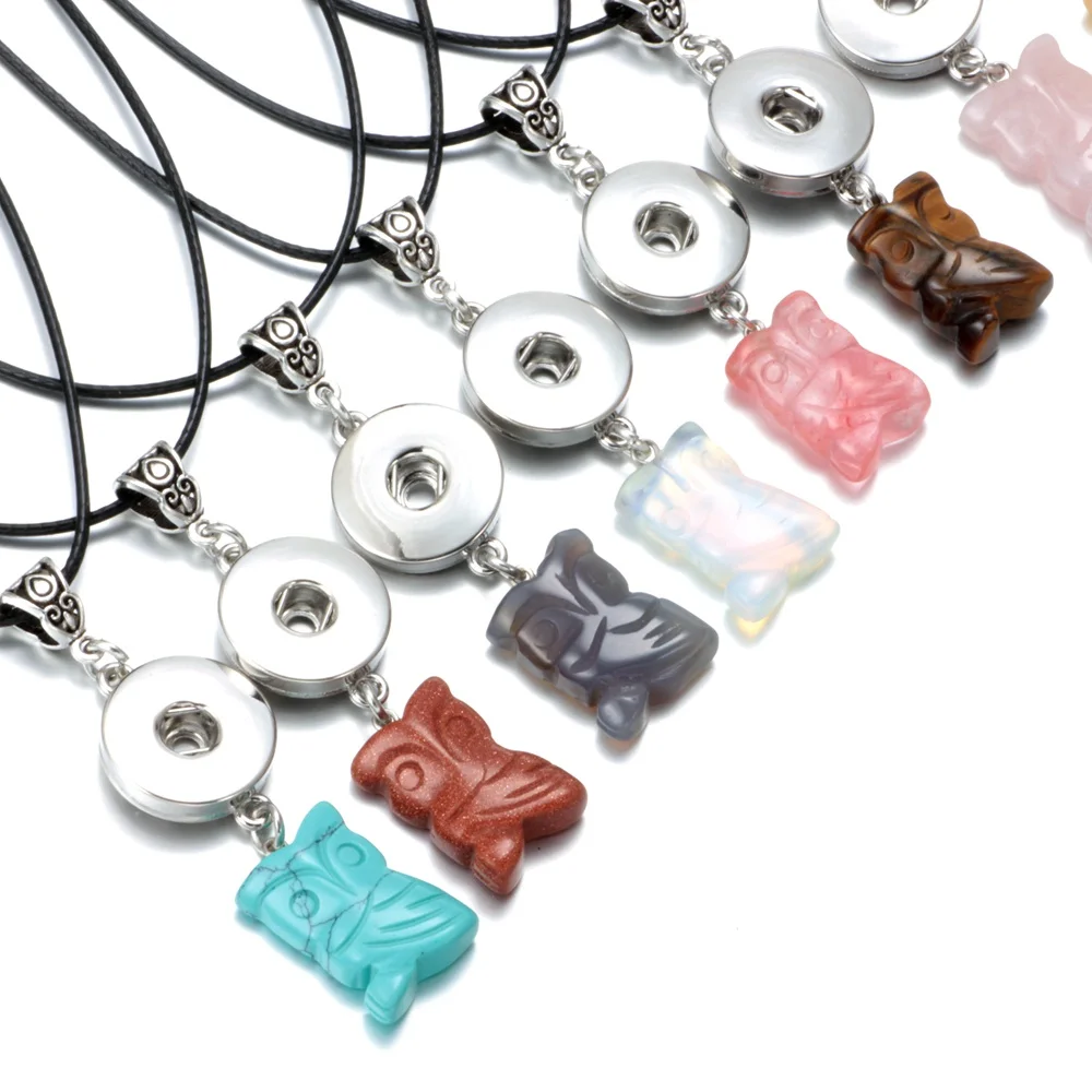 DZ1722h High quality Natural Stone leather Necklace Fit 18mm Snap Button White crystal Owl Pendant Snaps Jewelry | Украшения и