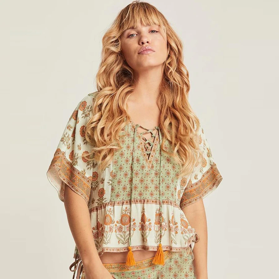 Блузка TEELYNN boho Женская летняя блузка с коротким рукавом и цветочным принтом