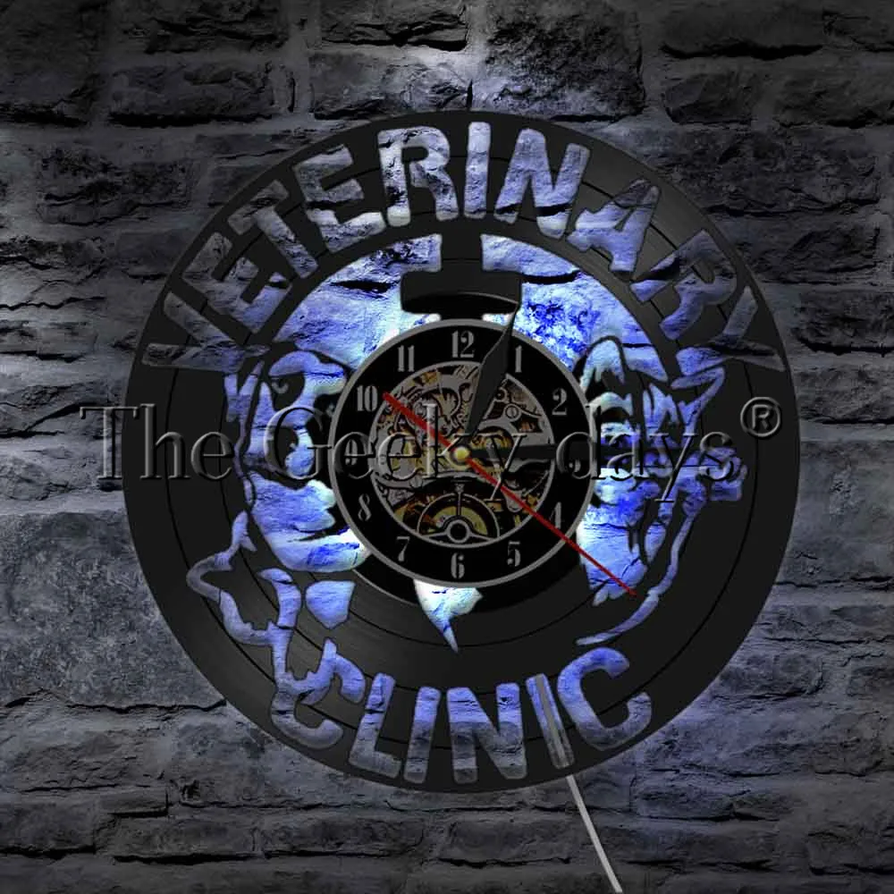 

Veterinary Clinic Cat And Dog LED Light Sign Vinyl Record Wall Clock Animals Pet Health Care Clinic Modern Wall Lamp