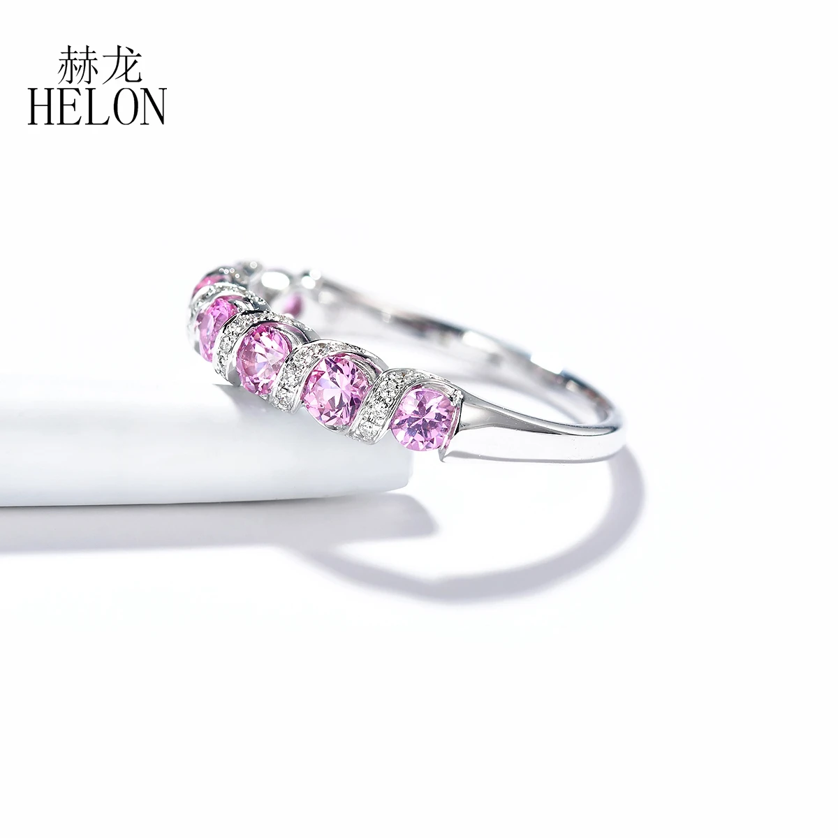 HELON Solid 14k White Gold Certified Round 0.85ct Natural Pink Sapphire& diamonds Engagement Ring Women Wedding Trendy Jewelry