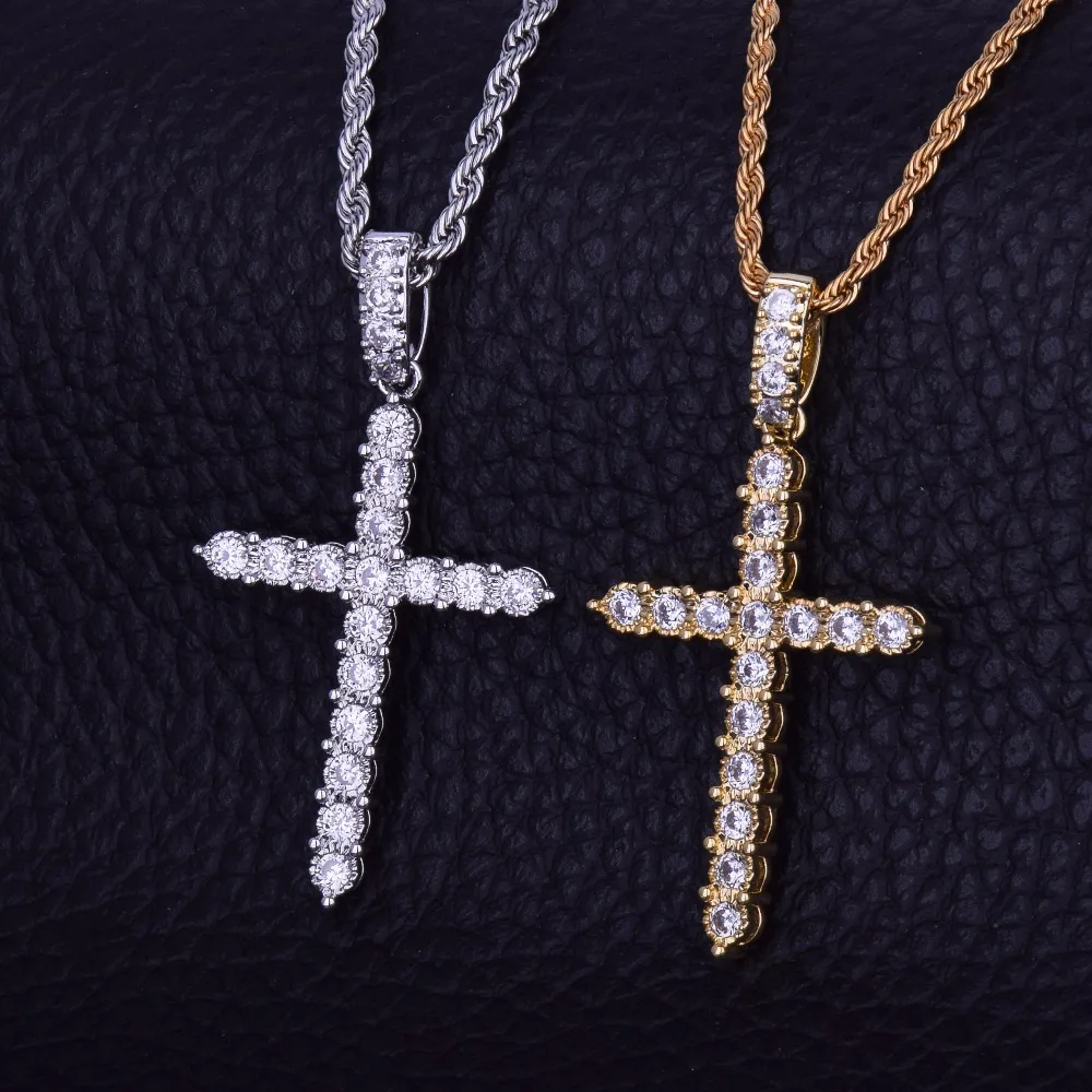 Золото серебро кубический циркон крест кулон ожерелье Медь Материал Bling CZ для мужчин и женщин хип хоп ювелирные изделия с кубинской/веревкой цепи