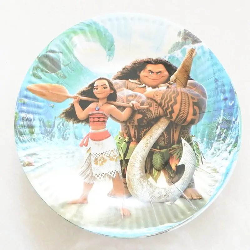 paper plate 10pcs Мультфильм Моана товары для вечеринки Дети День Рождения Салфетка бумажные тарелки стаканчики соломенная табличка флаг/плакат с приглашением карты попкорн коробка - Цвет: paper plate 10pcs
