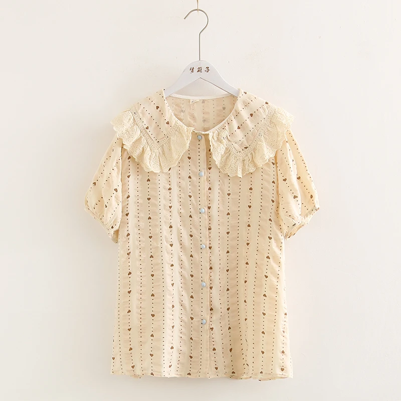 Кружевная рубашка с воротником Питер Пен блузка принтом в виде сердца для