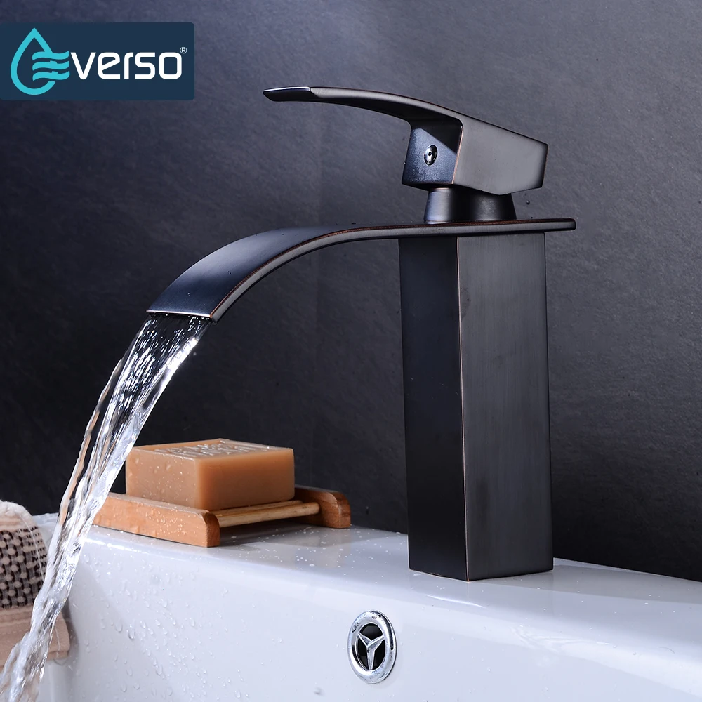 

EVERSO Black Brass Basin Faucet Single Handle Waterfall Basin Mixer Tap Hot And Cold Bathroom Faucet Sink Waterfall Faucet