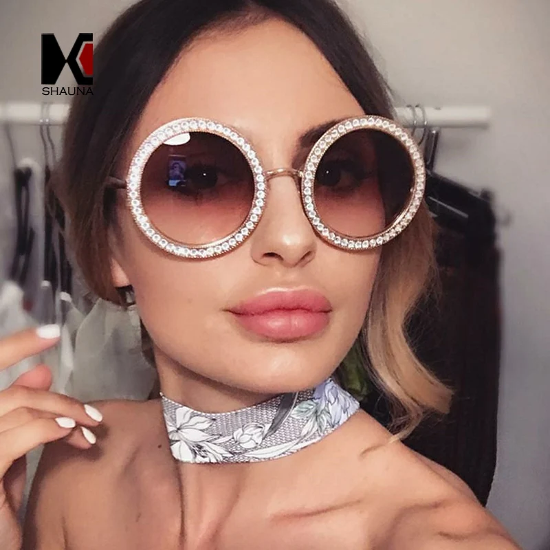 SHAUNA роскошные женские Супер круглые солнцезащитные очки с кристаллами, большие женские очки с градиентными линзами UV400