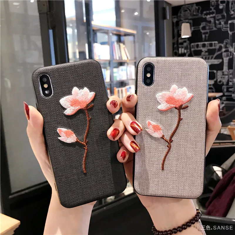 Чехол для телефона с вышивкой iPhone X 6Plus 6s Plus чехол из ткани цветами задняя крышка 6