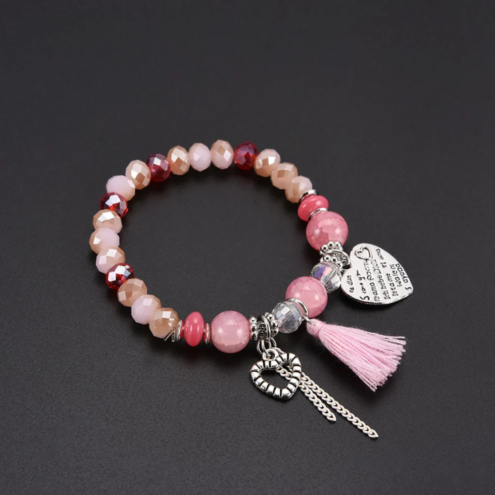 Модный милый розовый браслет с кулоном в виде сердца кисточками богемное