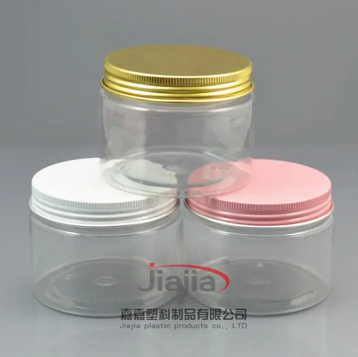 Free shipping: Cosmetic packaging 150g transparent plastic bottle PET Cream jar 150ml Food pot with white/pink/gold aluminum cap