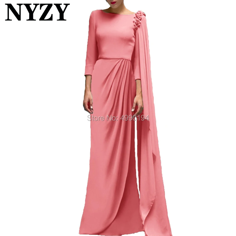 

3/4 Sleeves Pleats Chiffon Coral Mother of the Bride Evening Dress 2019 NYZY E202C Formal Dress Women Elegant Robe Soiree Dubai