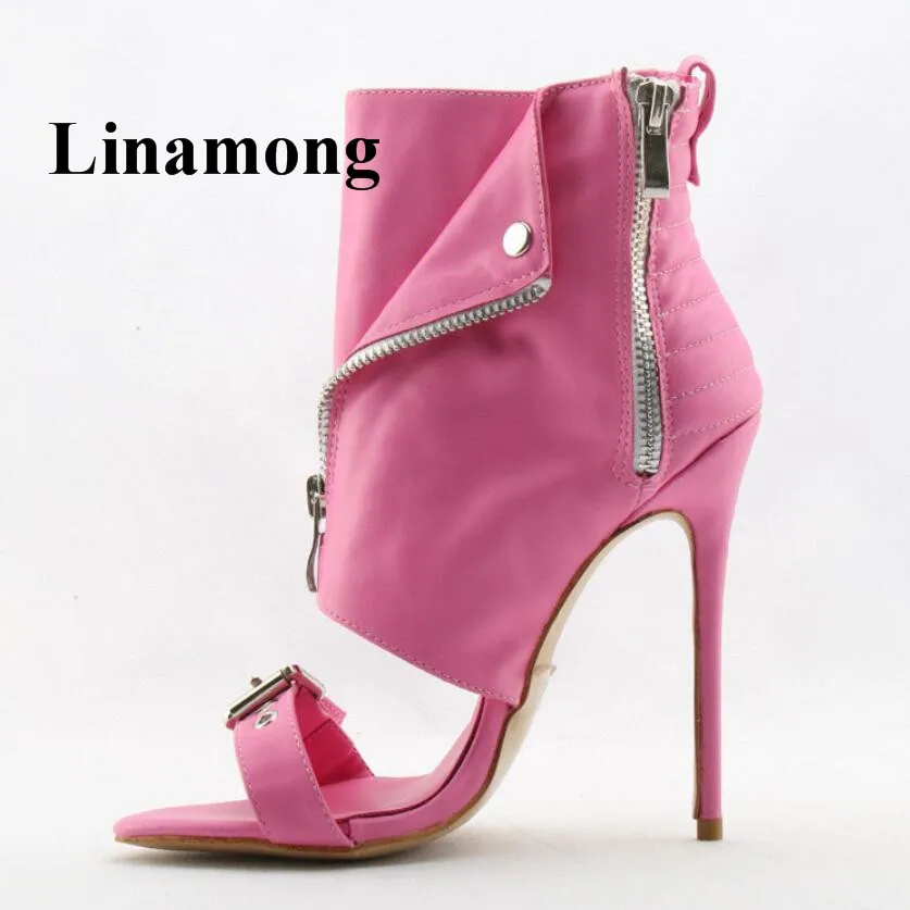 Женские ботильоны на молнии с открытым носком тонком высоком каблуке розового