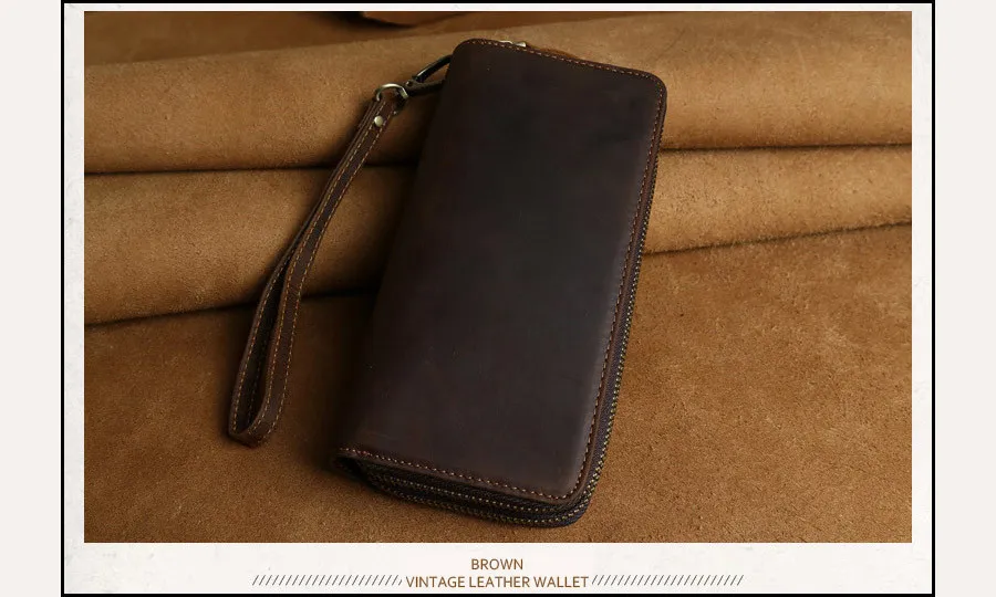 Imported Head Layer Cowhide Both Zipper Men Clutch Wallet Genuine Leather Male Long Purse Vintage Man Notecase PR084009