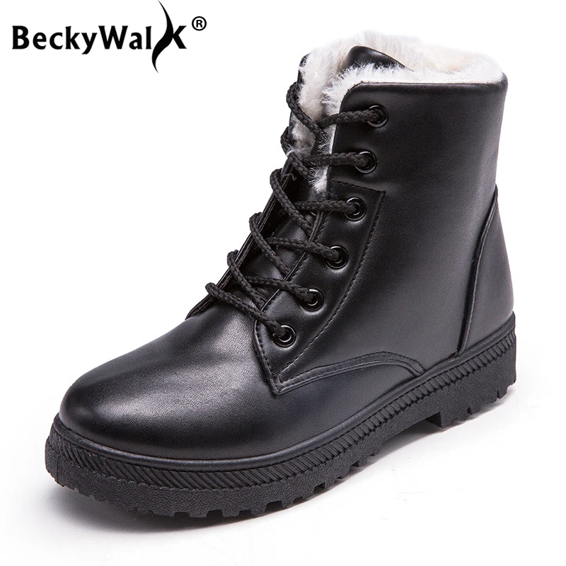 Женские нескользящие ботинки BeckyWalk Черные Водонепроницаемые мартинсы с плюшевой