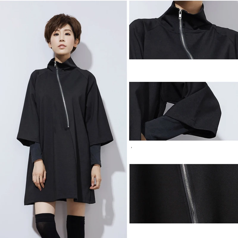 

New Spring High Collar Long Sleeve Balck Oblique Zipper Split Joint Loose Brief Dress Women Fashion Tide