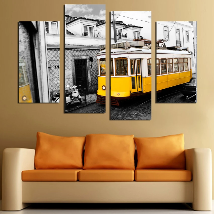 Ретро стиль 4 шт желтый автобус холст печать картина домашний декор уличный