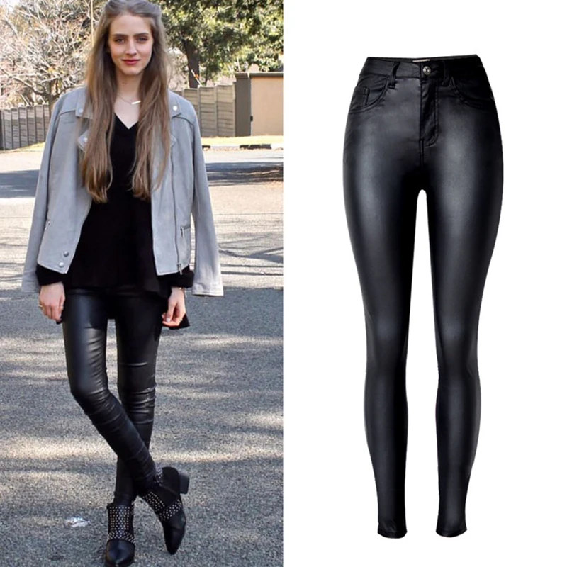 CbuCyi New Hot Eu Models Women Sexy Slim PU Pockets Leather Pencil Pants Motor Style All-Match Fleece Trousers Faux |