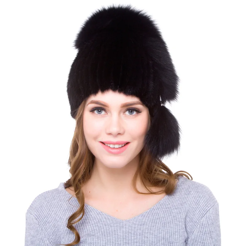 

Handmade Russian Women Real Mink Fur Skullies Beanies Hats Fox Fur Winter Lady Caps Fashion Headgear LF5092