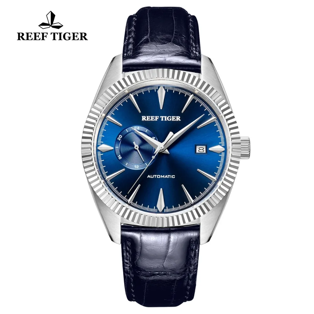 Reef Tiger/RT автоматические нарядные часы для мужчин, Топ бренд, роскошные часы, ремешок из натуральной кожи, синие часы, мужские часы RGA1616