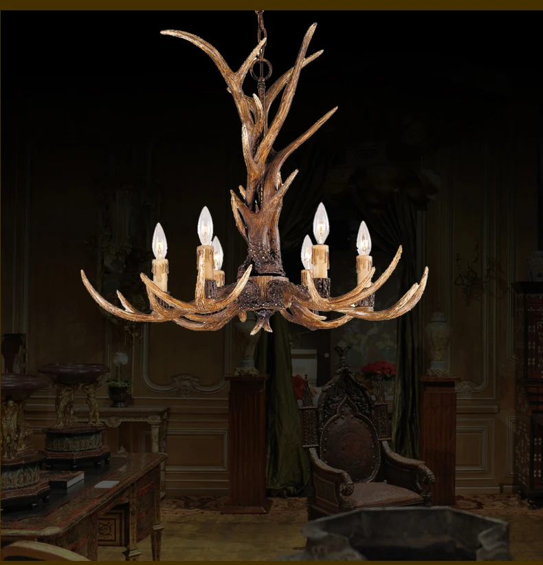 Европа страна 6 голова свеча рога Люстра Американский Ретро Смола оленя лампы