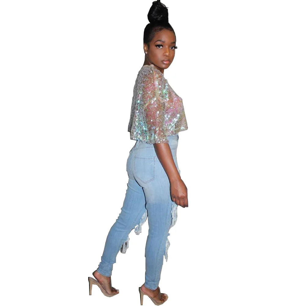 new women summer sequins sexy hip hop short sleeve o-neck short t-shirt streetwear classic tee top casual t shirts GLDN8281