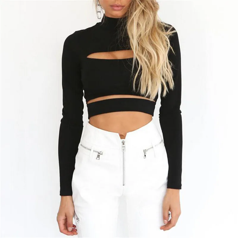 New Women Sexy Special Black Crop Tops Fashion 2018 Ladies Long Sleeve Hollow Out Club Party Sweaters Autumn Winter Pullover Top | Женская