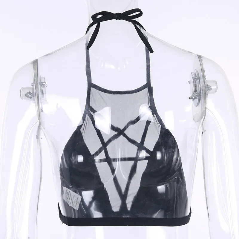 Hollow out Pentagram Halter Tank Tops Dark Fashion Padded Hanging Neck Mesh Perspective Women's Summer Backless Sexy Vest | Женская