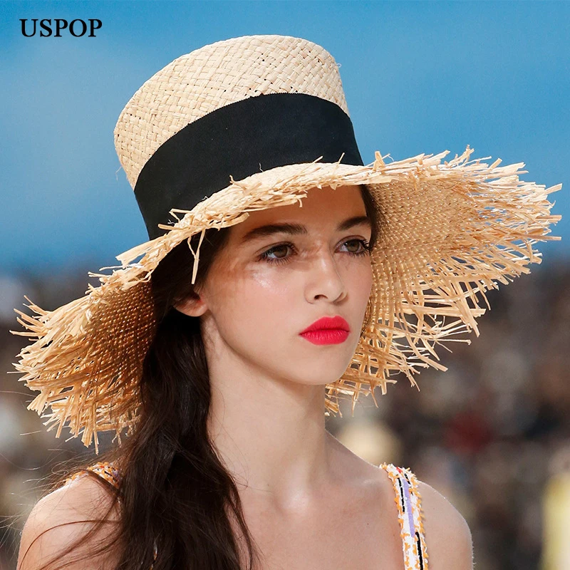 USPOP 2019 Новая модная высокая шляпа raffia широкая Женская черная лента шляпа|Женские