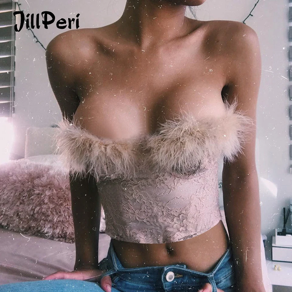JillPeri новый сексуальный без бретелек меховой кроп Топ Оболочка кружевные
