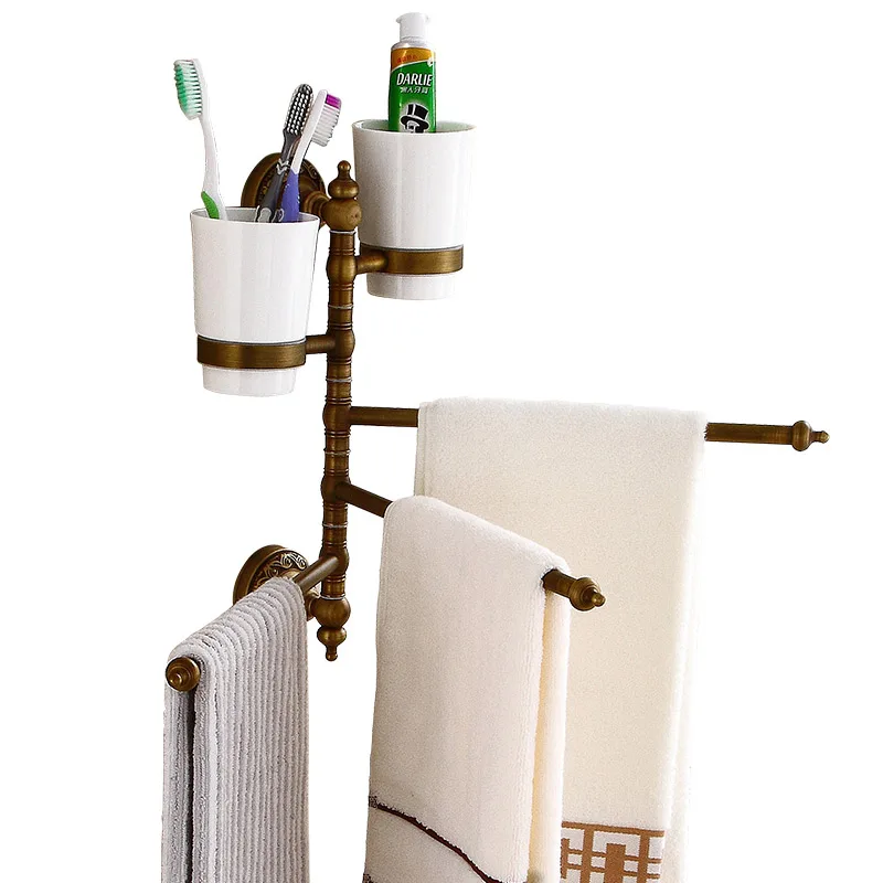 

FACIIO European Style Wall Mounted Bathroom Hardware Towel Holder Rotation Three Towel Bars With Cup Holder Copper Towel Hanger