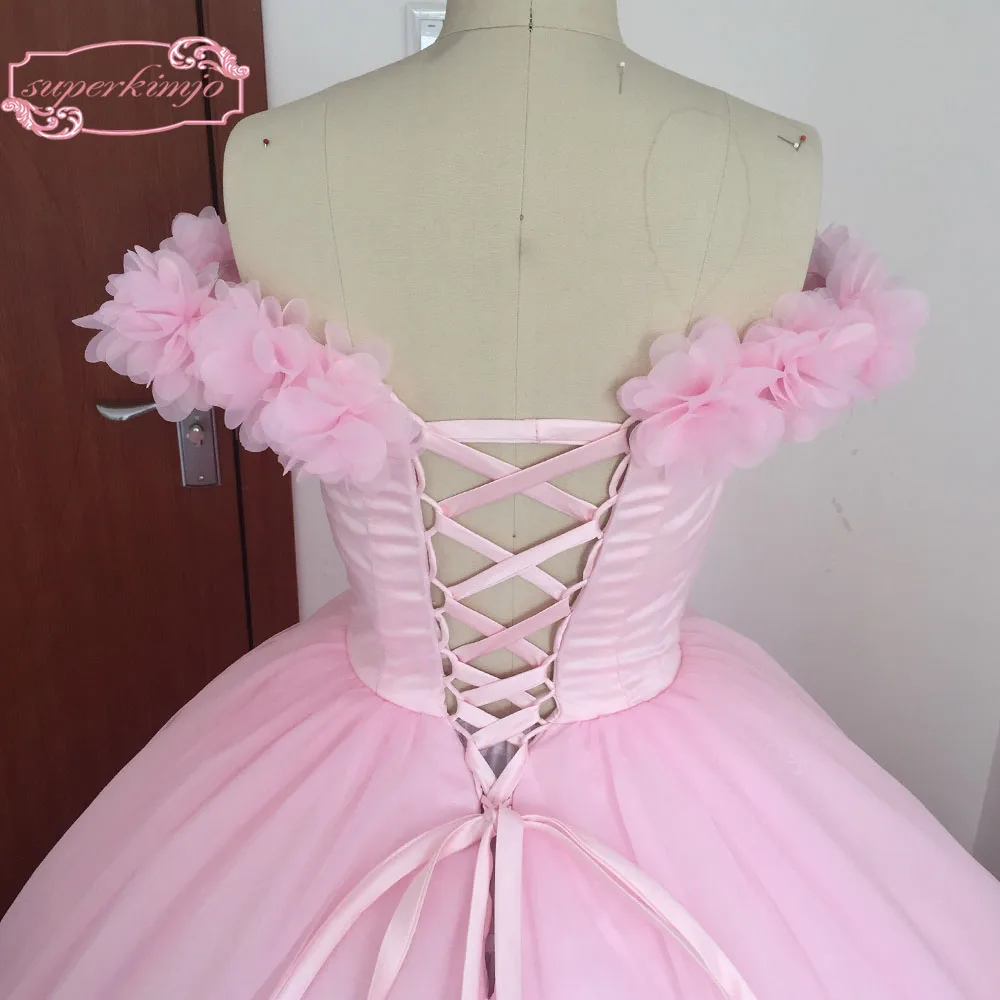 2020 Actual Image Evening Dresses V Neck Hand Made Flowers 3D Ball Gown Tulle Pink Prom Dresses Real Picture