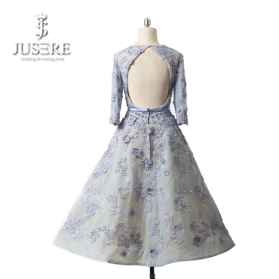 Open Back Long Sleeves Jewel Neck Lace Appliques Belt A line Bead Small Squares Flowers Light Blue Short Evening Dress | Свадьбы и